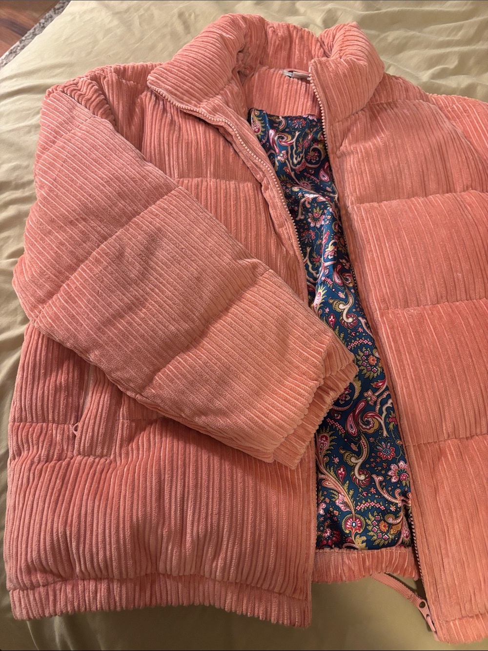Sundance Coral Corduroy Puffer with Paisley Lining - Picture 3 of 3